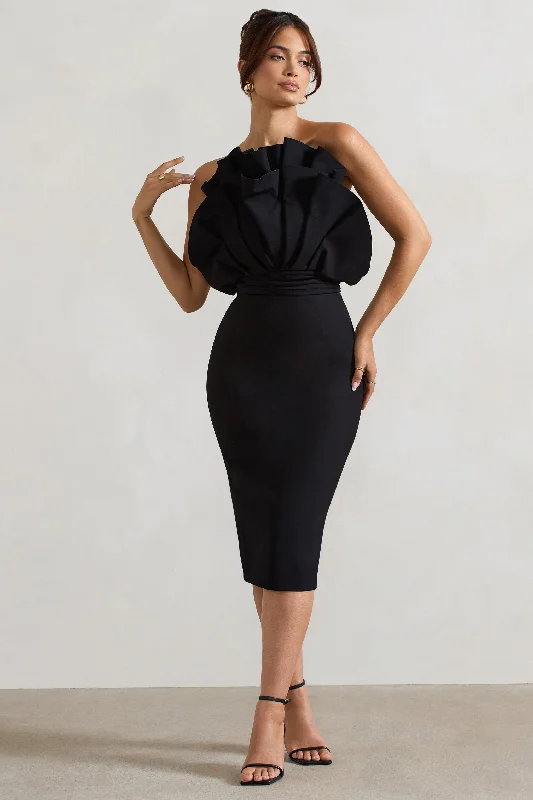 Oria | Black Ruffled Strapless Midi Dress Fall midi dresses