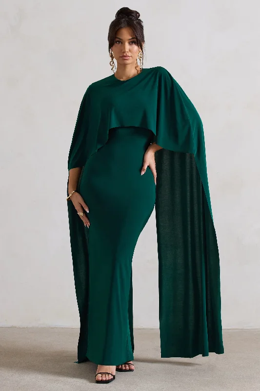 Padma | Bottle Green Draped Maxi Dress With Cape Sleeves Sleeveless maxi dresses