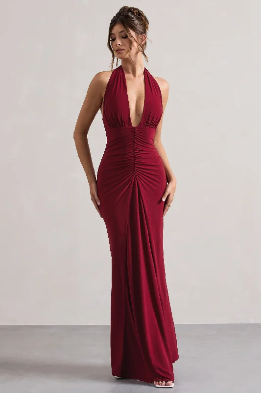 Payton | Berry Ruched Halter-Neck Maxi Dress Cocktail maxi dresses