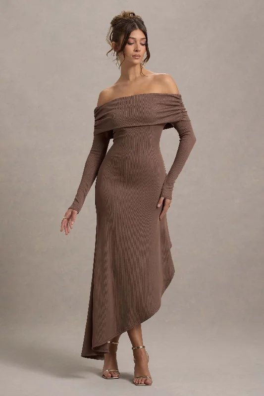 Romina | Mocha Rib Knit Bardot Maxi Dress With Asymmetric Hem Best maxi dresses for summer vacation