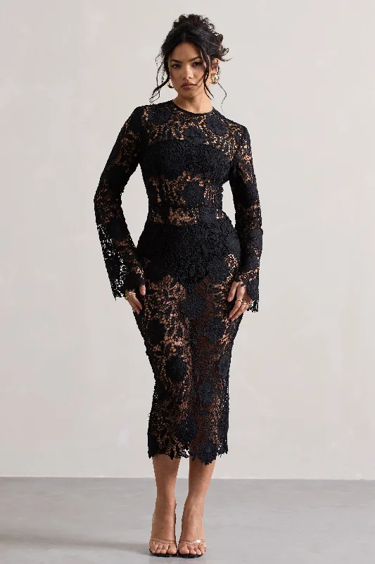 Scandal | Black Lace Long-Sleeved Midi Dress Trendy midi dresses under $50