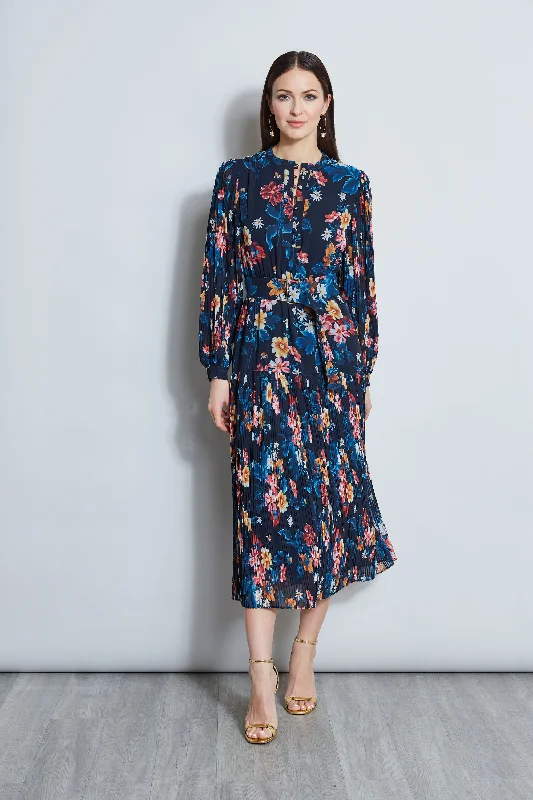 Floral Belted Pleated Midi Dress Smocked midi dresses