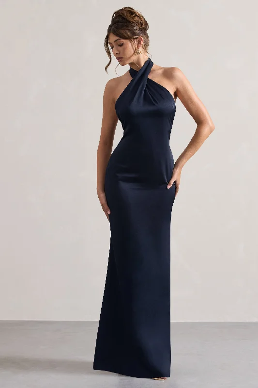 Unbeatable | Navy Satin Cross Over Halterneck Maxi Dress Minimalist maxi dresses