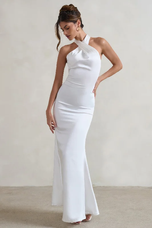 Unbeatable | White Satin Cross Over Halter-Neck Maxi Dress Casual maxi dresses