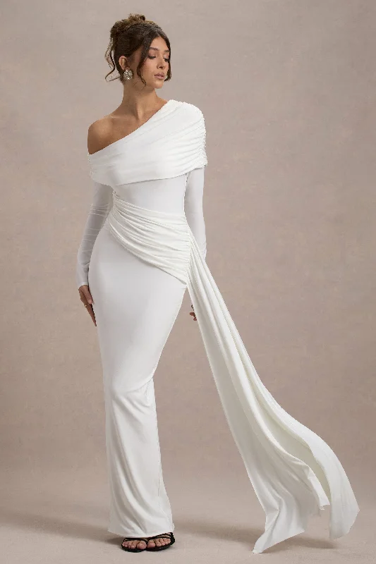 Valina | White Ruched Asymmetric Maxi Dress With Drape Birthday maxi dresses