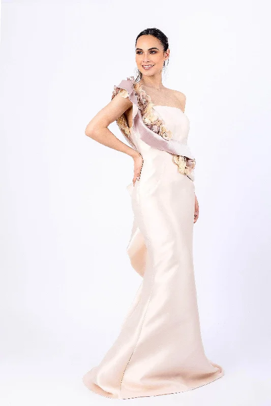 Terani Couture - 2011E2424 One Shoulder Floral Ruffle Trimmed Gown Vintage party dresses