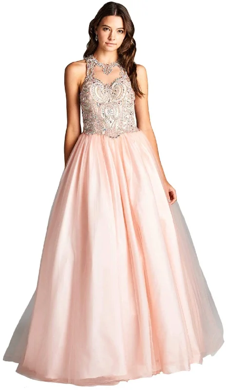 Trevi Collection - Bejeweled Illusion Halter Evening Ballgown Affordable party dresses