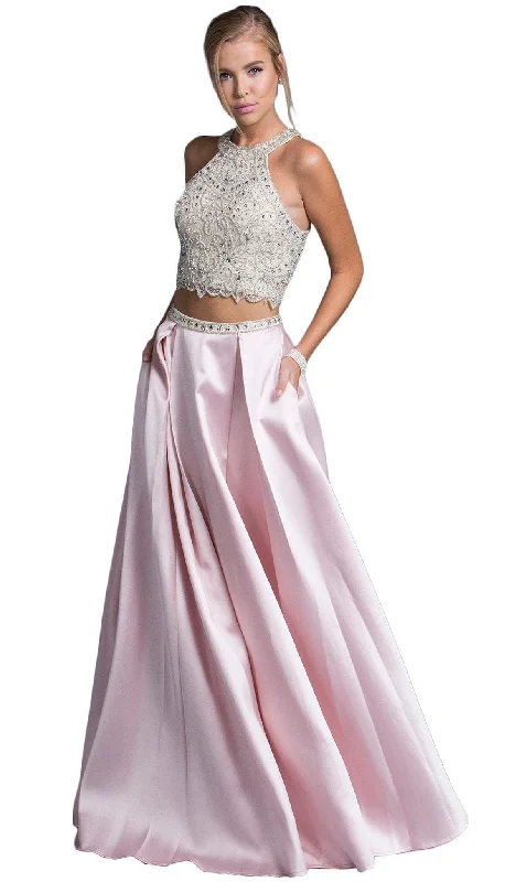 Trevi Collection - Two Piece Bejeweled Halter Prom Gown Cotton party dresses