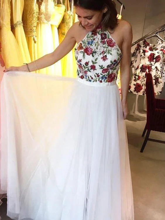 A Line Prom Dresses High Neck Embroidery Floral Beautiful Prom Dress JKL1023 Beach floral dresses