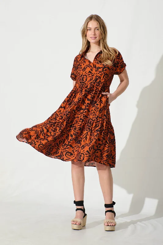 Ann Smock Dress in Rust with Black Print Maxi floral dresses