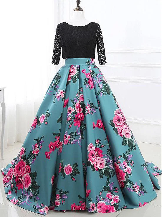 Ball Gown Prom Dresses Half Sleeve Lace Floral Print Open Back Long Prom Dress JKL1144 Tulle floral dresses