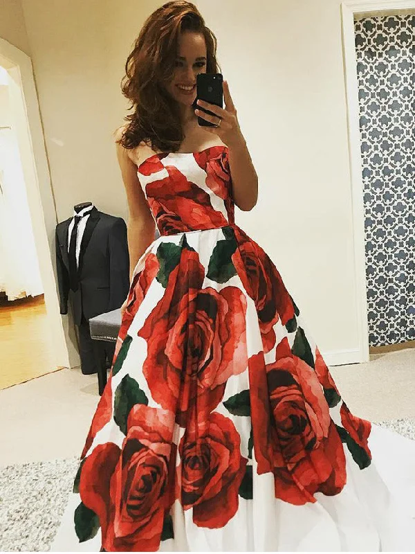 Beautiful Prom Dresses Aline Strapless Rose Floral Print Long Prom Dress JKL854 Preppy floral dresses