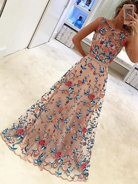 Beautiful Prom Dresses Scoop A-line Floor-length Floral Lace Prom Dress JKL899 Flattering floral dresses for all body types