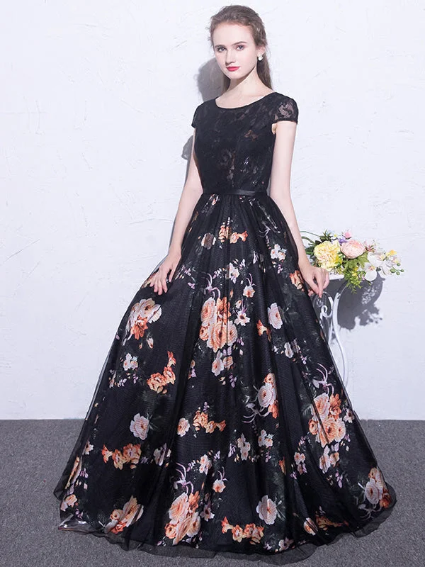 Black Prom Dresses Scoop A-line Floral Print Sexy Long Lace Prom Dress JKL844 Vacation floral dresses