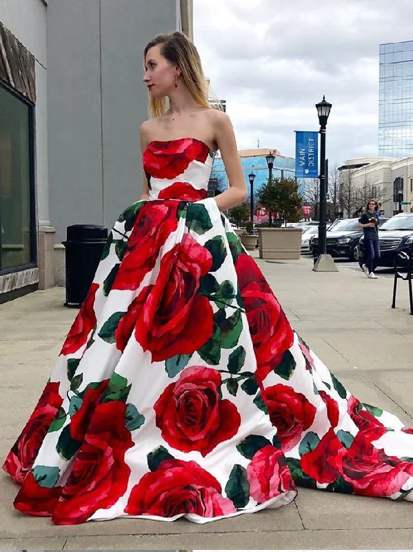 Chic Prom Dresses A Line Rose Floral Print Sweep Train Long Prom Dress JKL911 Summer floral dresses