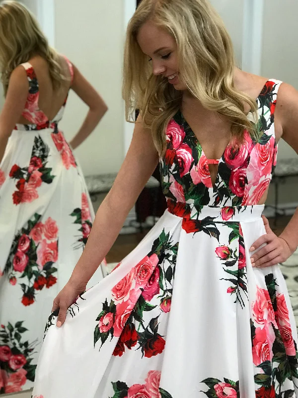 Chic Prom Dresses Straps Aline Rose Floral Print Satin Long Prom Dress JKL906 Cotton floral dresses