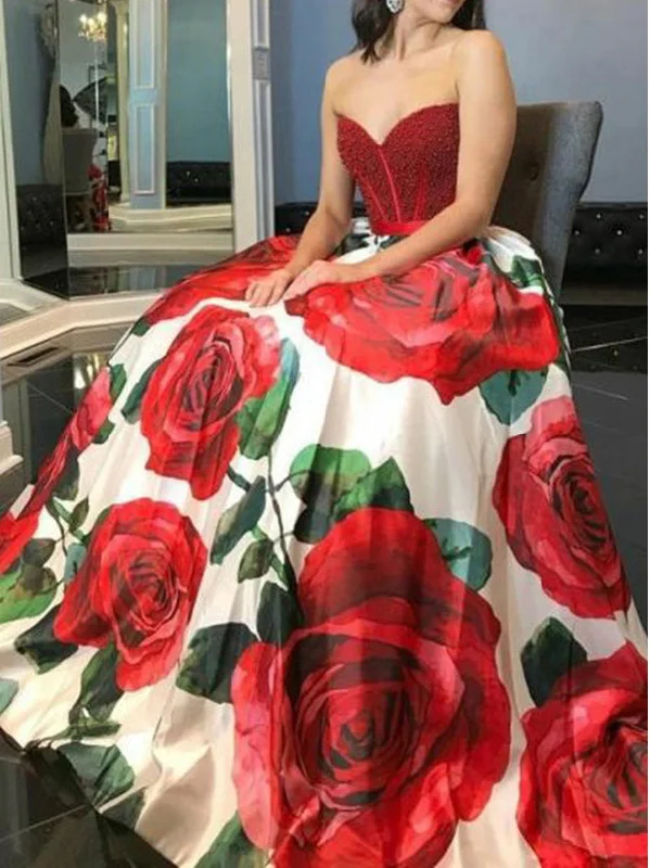 Chic Prom Dresses Sweetheart Floral Print Prom Dress Long Evening Dress JKL867 Garden party floral dresses