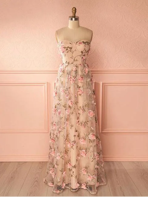 Cute Prom Dresses A-line Floor-length Sweetheart Floral Lace Prom Dress JKL1156 Hot new arrivals in floral dresses