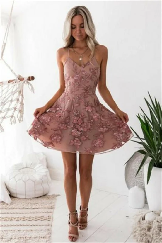 Elegant Pink Floral Homecoming Dresses Spaghetti Straps Lace Appliques Hoco Dresses Office floral dresses