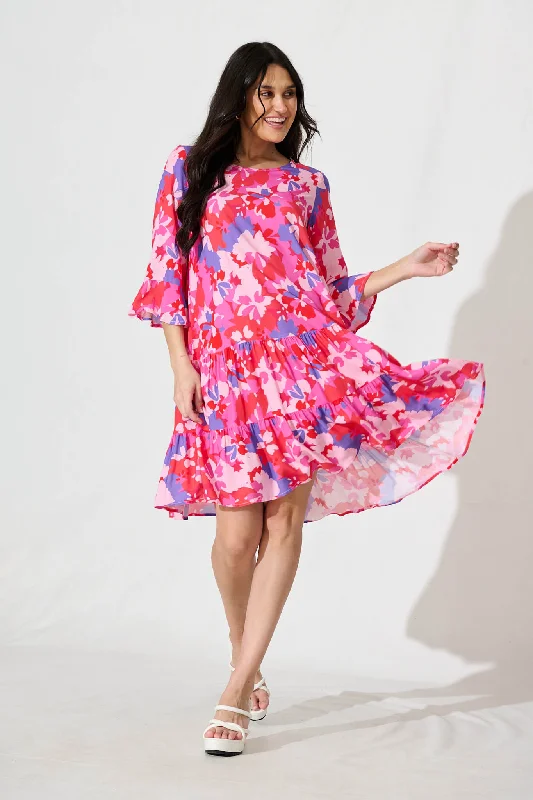 Eva Smock Dress in Pink and Purple Floral Silk floral dresses