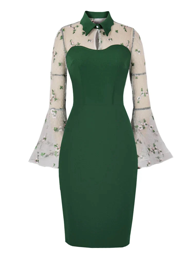 Floral Embroidered Mesh Flare Sleeve Green Bodycon Wiggle Dress Elegant Outfits for Women Keyhole Front Vintage Dresses Party floral dresses