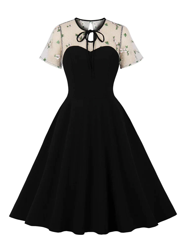 Floral Embroidered Mesh Patchwork Vintage Swing Dresses Bow Neck Elegant Women Party Summer A-Line Pockets Dress Discounted floral dresses