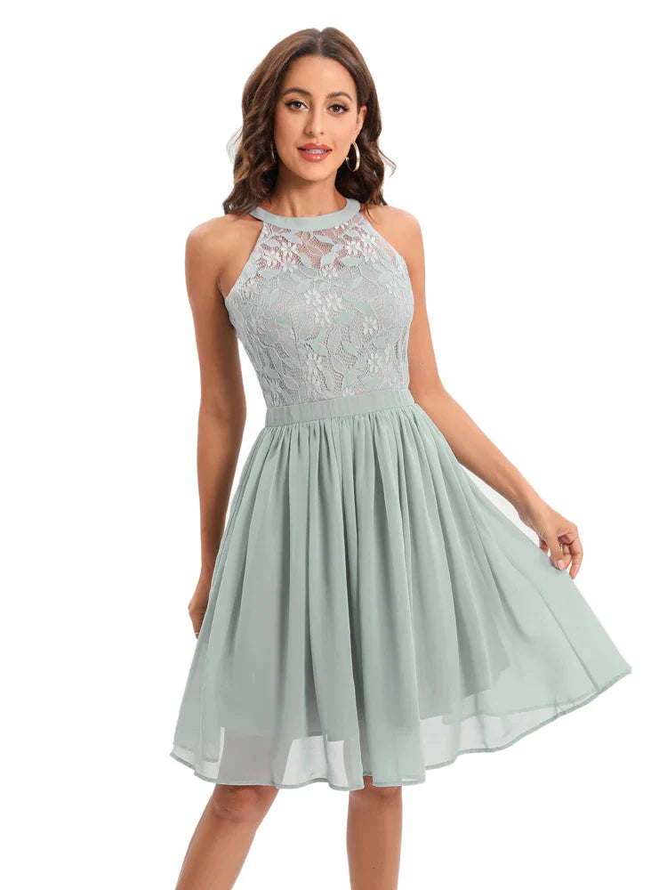 Floral Lace and Pleated Chiffon Sleeveless Vintage Dress Halter Summer Women Elegant Party Fit and Flare Dresses Formal floral dresses