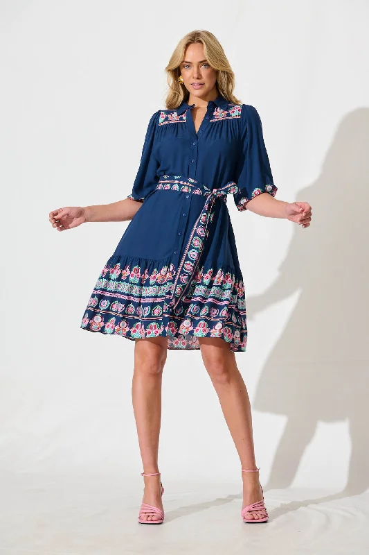 Lanchester Dress in Blue with Pink Floral Border Print Best floral dresses for beach vacations