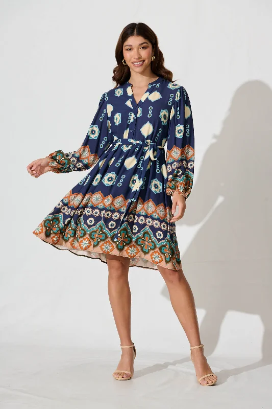 Montrose Dress In Navy With Tan Boho Print Boho floral dresses