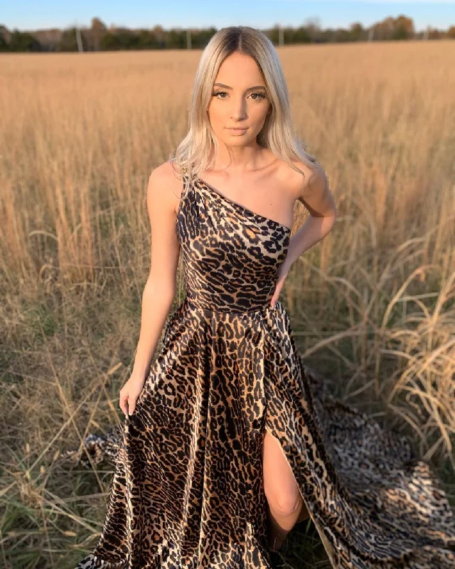 One Shoulder Leopard Print Satin Long Prom Dress with Slit JKZ8311 Bodycon floral dresses