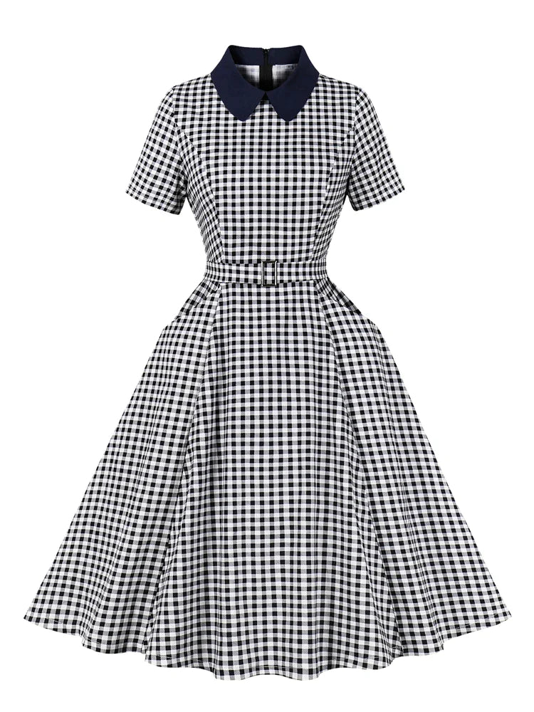 Peter Pan Collar Gingham Print Elegant Summer Dress Women New In Rockabilly Vintage Belted Pocket Side Swing Dresses Cute floral print summer dresses