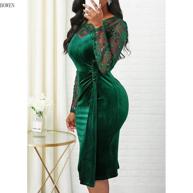 Spring Summer Dress Women Vintage Sexy Patchwork Floral Lace Party Vestidos Casual Plus Size Slim Velvet Office Bodycon Dreses Bodycon floral dresses