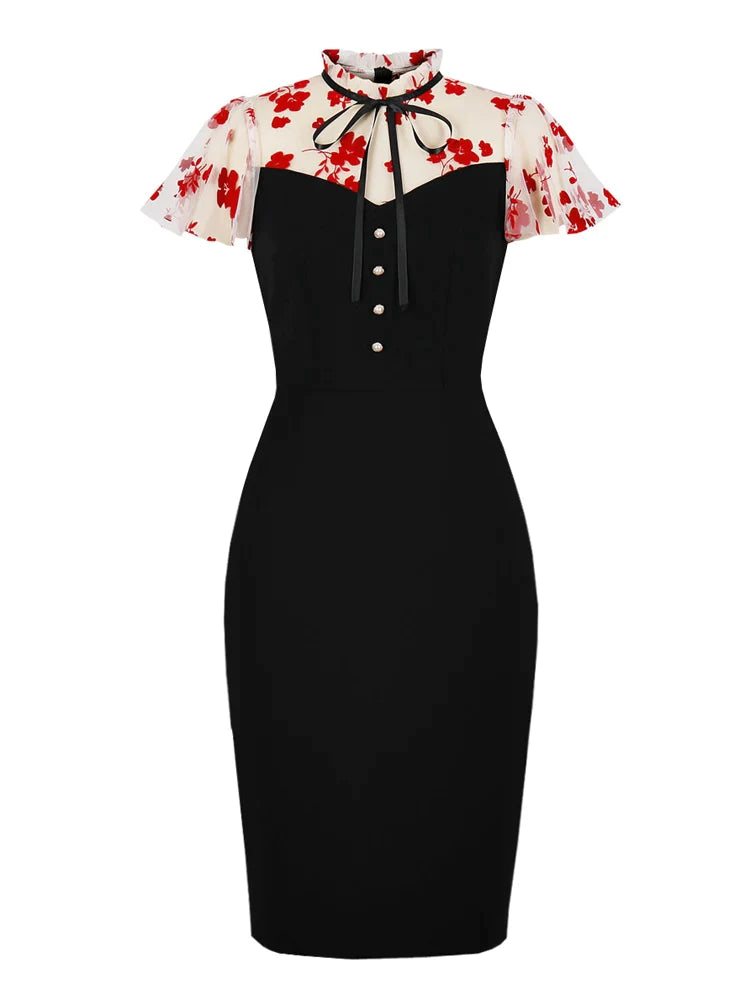 Stand Collar Floral Mesh Elegant Birthday Party Dresses for Women Flare Sleeve Buttons Vintage Black Pencil Dress Zara floral dresses