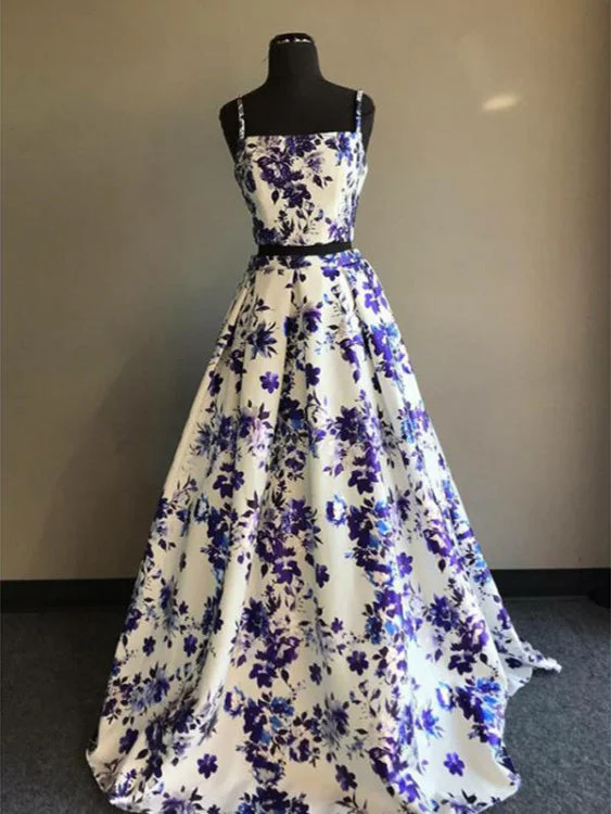 Two Piece Prom Dresses A-line Spaghetti Straps Floral Print Long Prom Dress JKL1188 Halter floral dresses