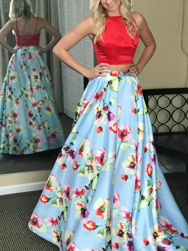 Two Piece Prom Dresses Bateau Floral Print Red Prom Dress Long Evening Dress JKL869 Cheap floral dresses