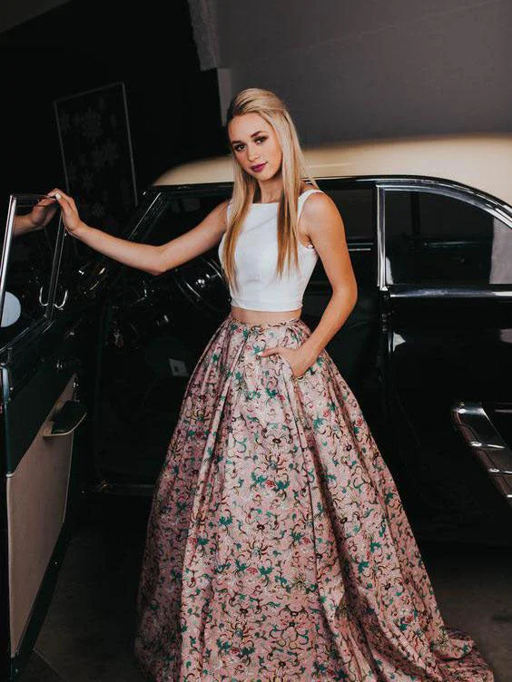 Two Piece Prom Dresses Floral Print Beautiful Prom Dress Long Evening Dress JKL1079 Women's trendy floral dresses sale