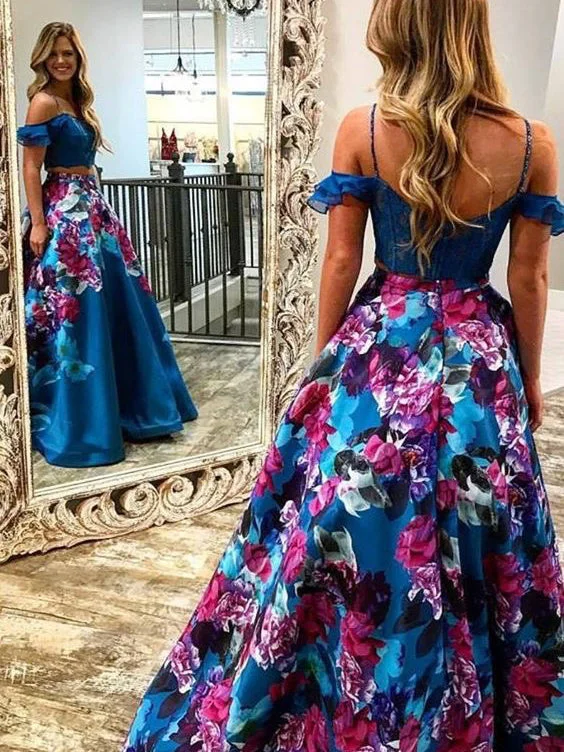 Two Piece Prom Dresses Floral Print Spaghetti Straps Prom Dress Long Evening Dress JKL1093 Designer floral dresses