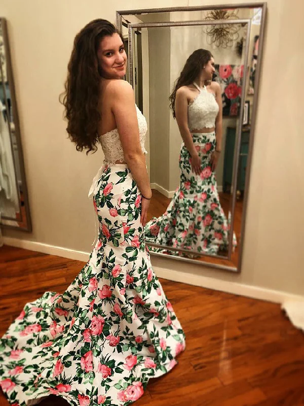 Two Piece Prom Dresses Halter Sweep Train Floral Print Lace Prom Dress JKL864 Wrap floral dresses