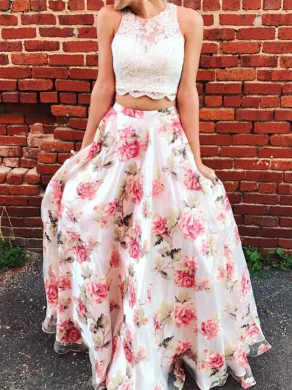 Two Piece Prom Dresses Scoop Floral Print Floor-length Lace Prom Dress JKL882 Best floral dresses for plus size