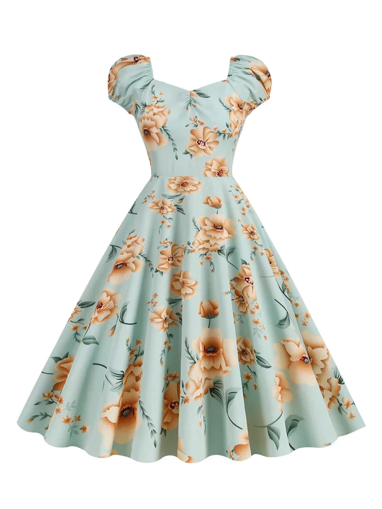 Women Sweetheart Neck Floral Print Vintage Style Summer Dress High Waist Retro Ladies Swing Dresses Party Elegant H&M floral dresses