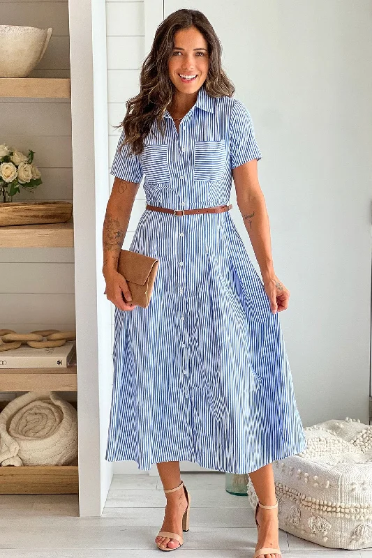 Blue Striped Button Down Dress With Belt Club unclassified dresses