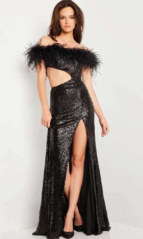 Jovani 36808 - Feathered Off Shoulder Prom Dress Beach unclassified dresses