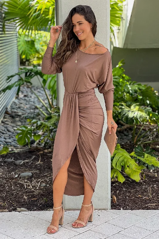 Mocha One Shoulder Ruched Dress Bold pattern unclassified dresses