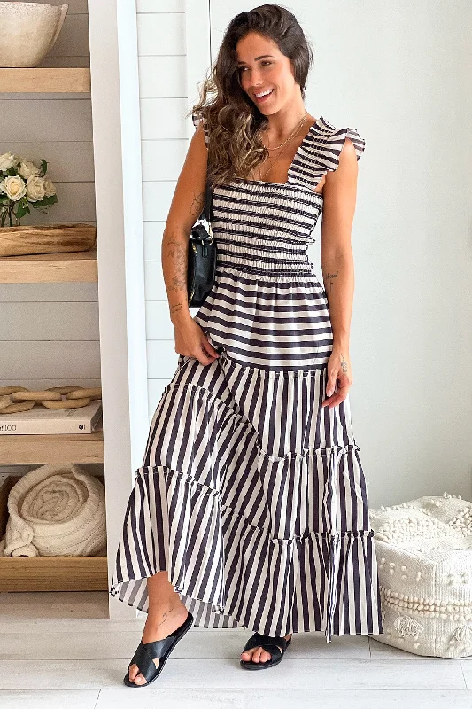 Oatmeal And Black Striped Tiered Dress Fall unclassified dresses