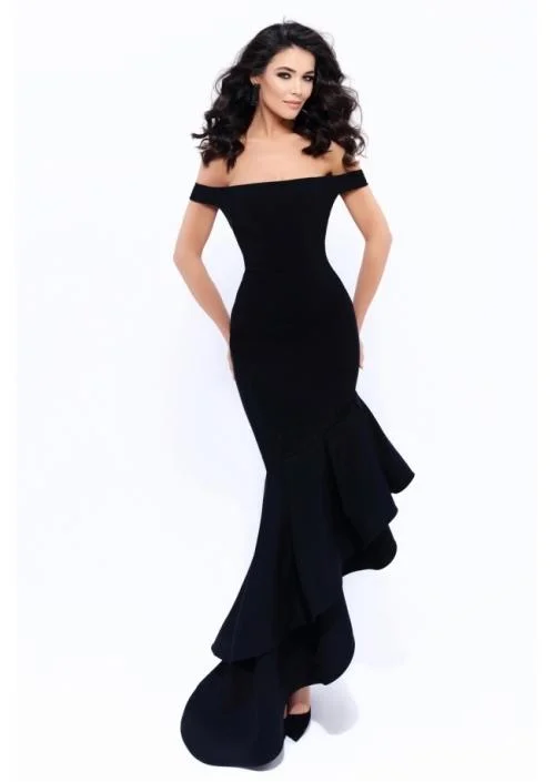 Tarik Ediz Sleek Off-Shoulder Ruffled Sheath Dress 93311 - 1 pc Wine In Size 6 Available Tiered unclassified dresses