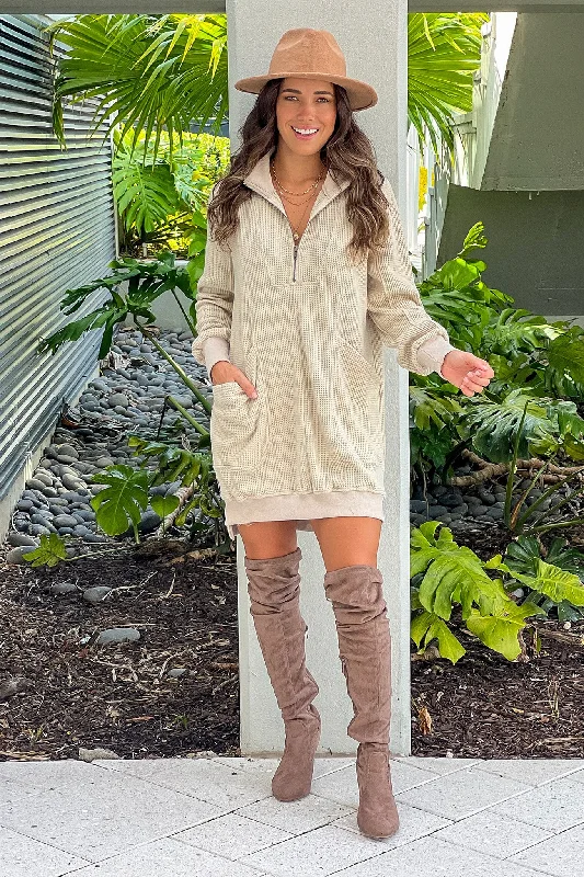 Taupe Zip Up Waffle Knit Dress Dark color unclassified dresses