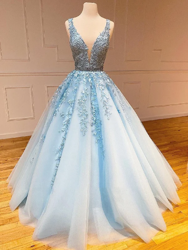 A Line Light Blue V Neck Lace Long Prom Dress Cozy Maxi Dress