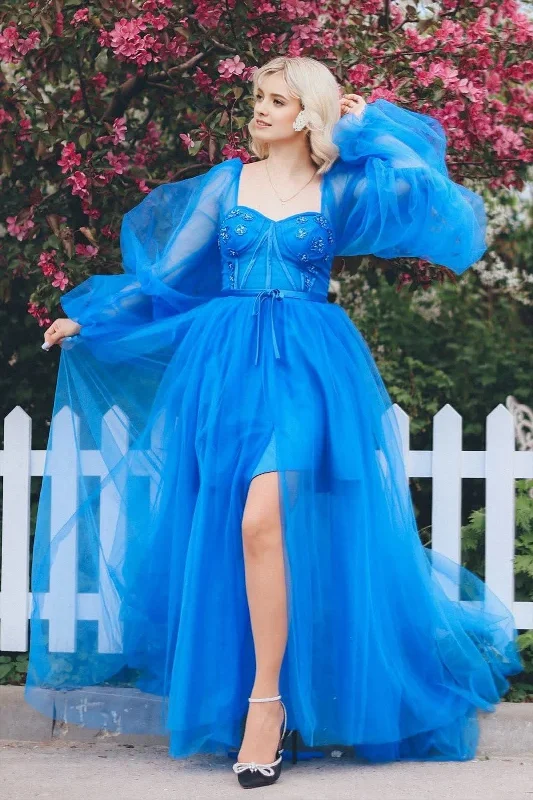 A line Long Sleeves Satin Tulle Prom Dress with Slit Tulle Layered Maxi