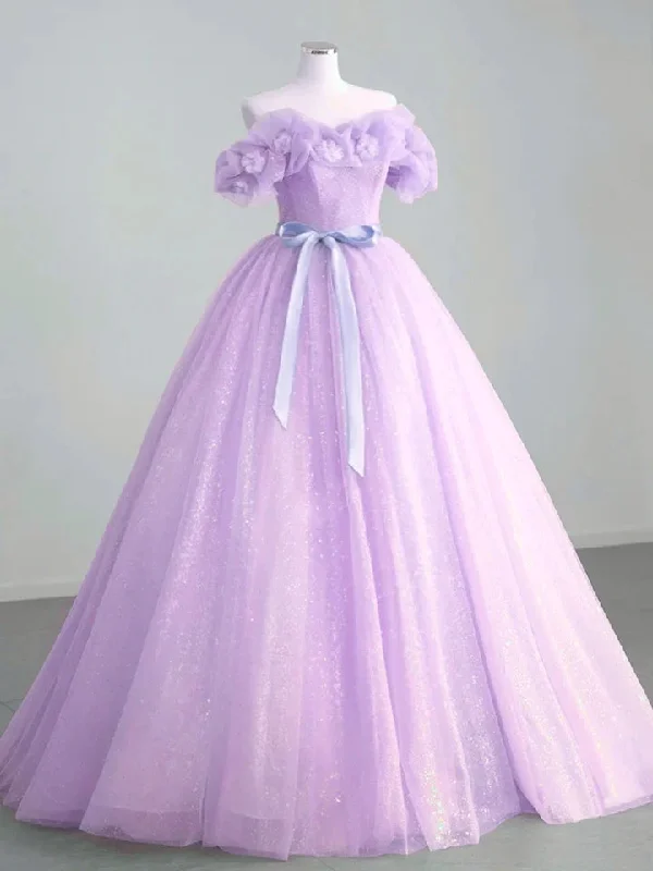 A-Line Off Shoulder Tulle Lavender Long Prom Dresses Button-down Maxi Skirt