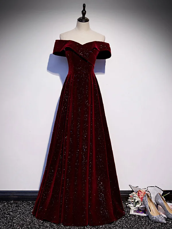 A-Line Off  Shoulder Velvet Burgundy Long Prom Dress, Burgundy Long Formal Dress Button-up Maxi Skirt